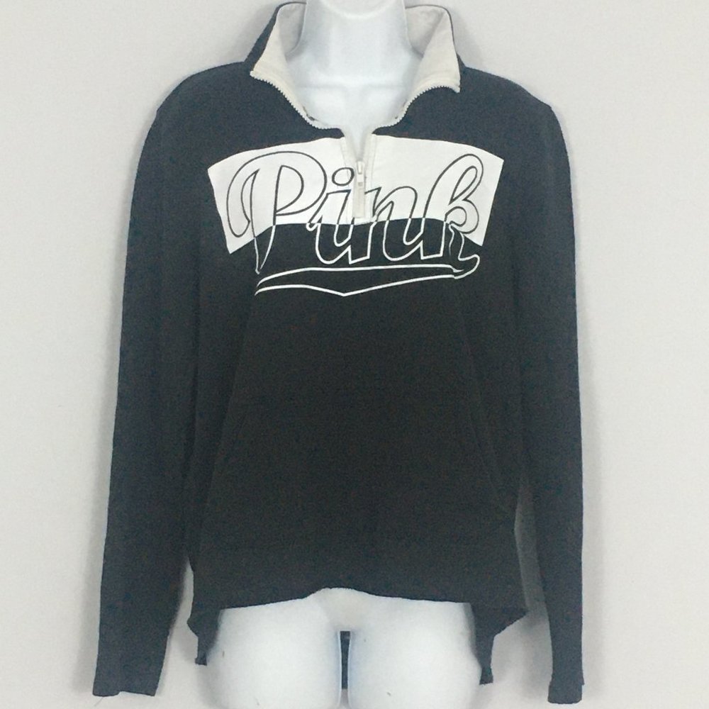 PINK Victorias Secret Womens M Black White Graphic 1/4 Zip Collared Sweatshirt - Picture 1 of 7